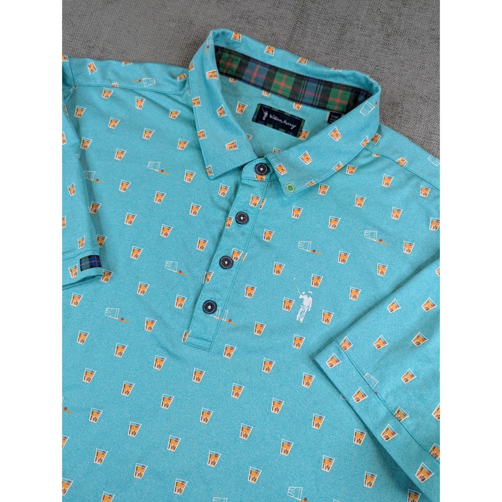 William Murray Golf Polo Mens L Turquoise Cocktail Drink AOP Print Performance